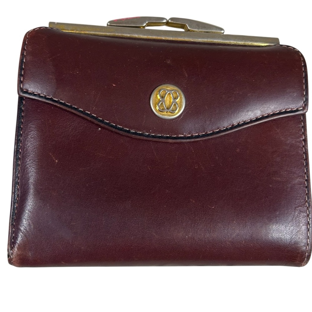 Bosca burgundy Brown Leather Wallet Gold clasp change pocket vintage
